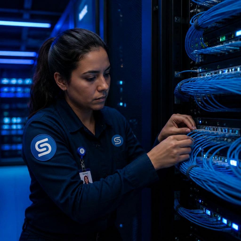 Engenheira de redes realizando lançamento de cabeamento em rack de data center