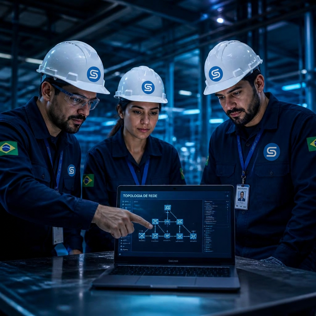 Equipe de engenharia SITI TECH analisando topologia de rede em ambiente industrial