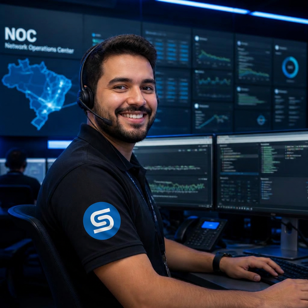 Analista de suporte técnico monitorando a rede no centro de operações