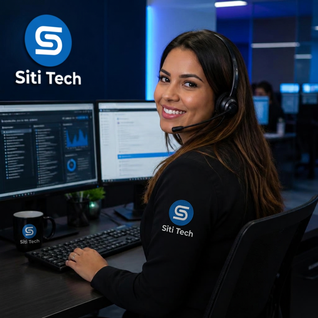 Analista de suporte da SITI TECH atendendo cliente com headset