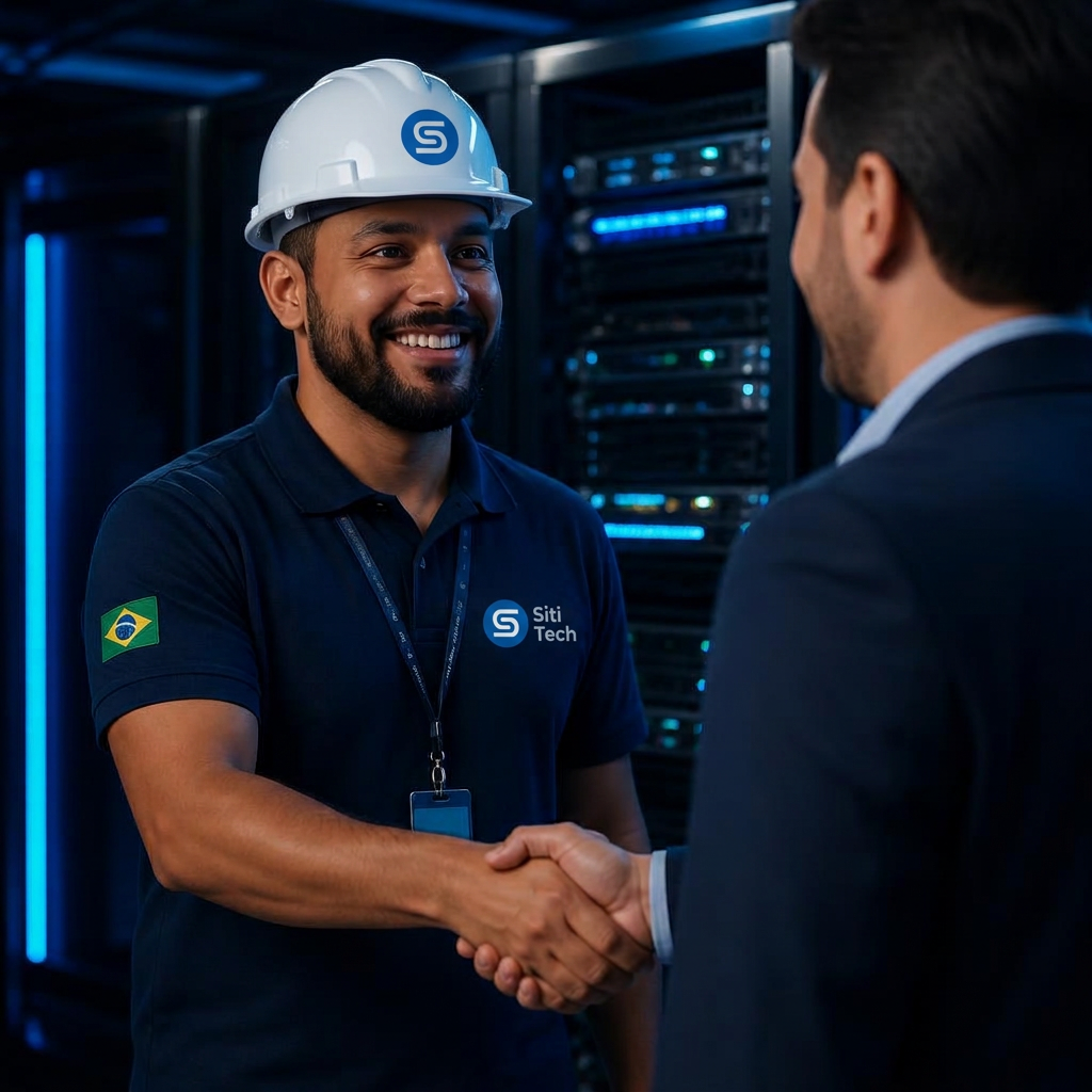 Técnico cumprimentando cliente corporativo após atendimento em sala de servidores