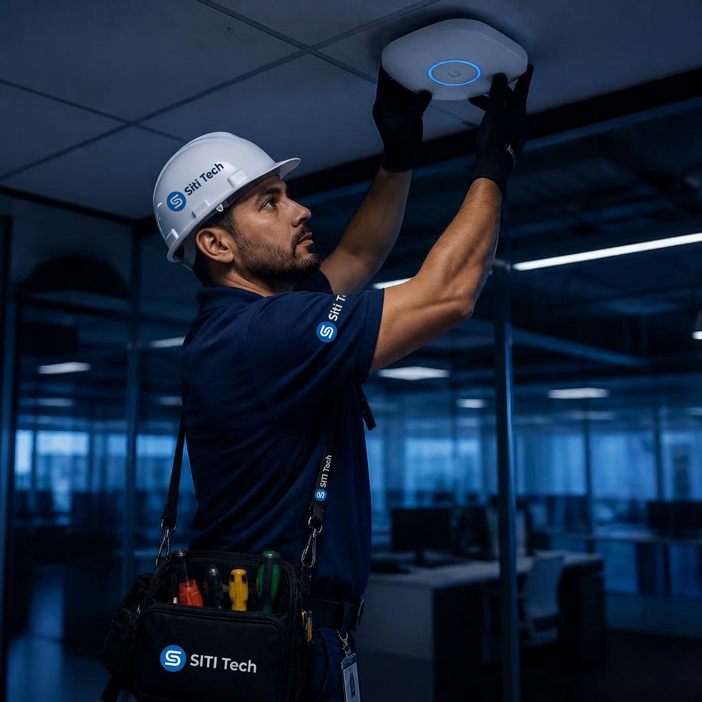 Técnico de field service instalando access point Wi-Fi em escritório corporativo