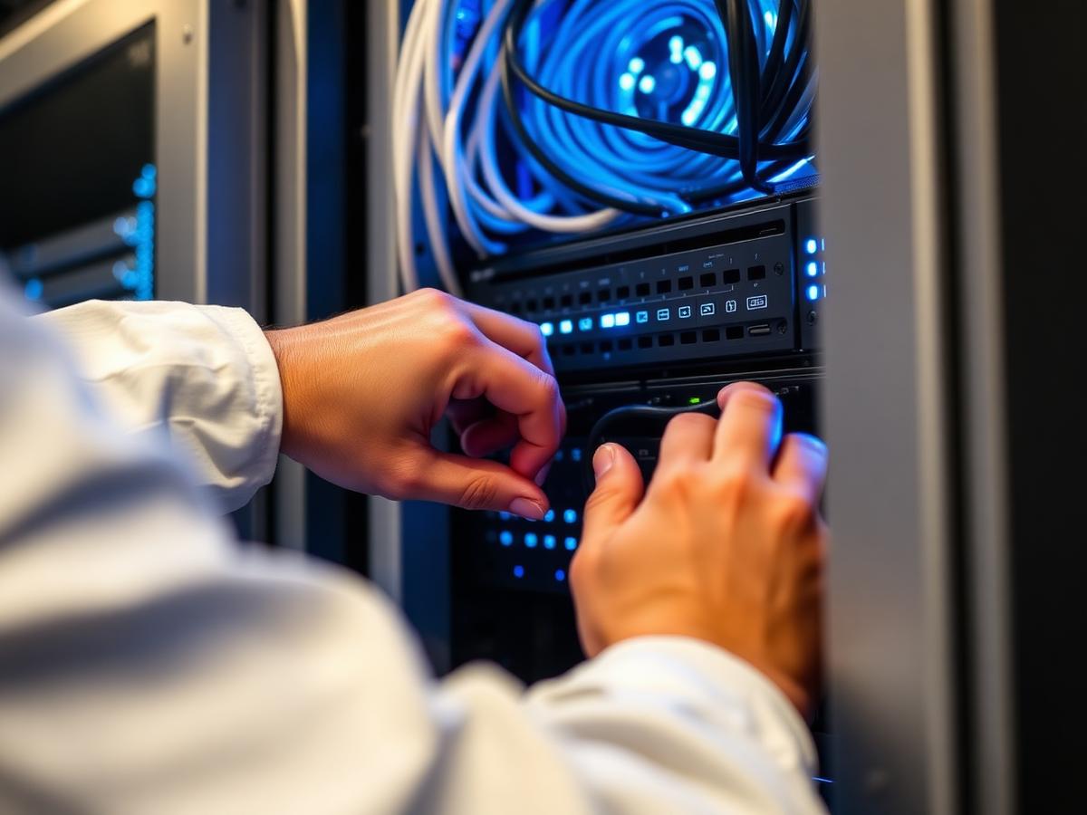 Técnico da SITITECH atuando em rack de servidores